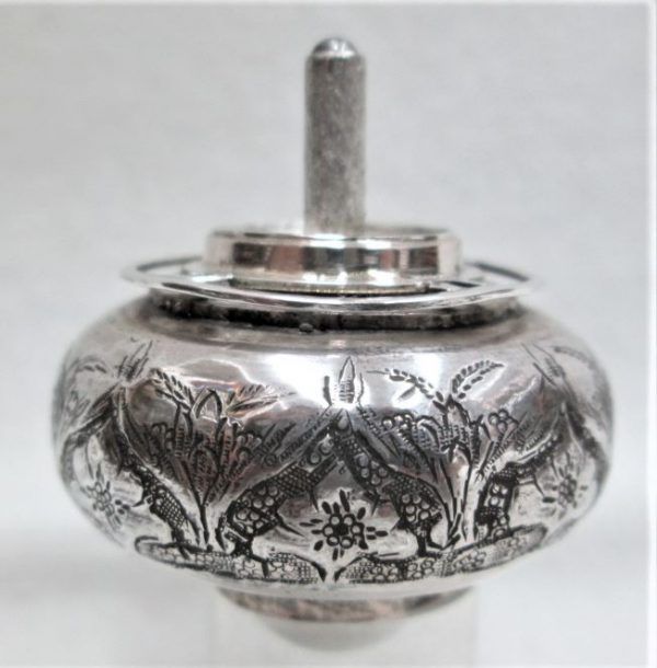 Chanuka Hanukah Dreidel Silver Hammered handmade with floral designs made by S. Ghatan (Katan).Dimension diameter 3.7 cm X 4.2 cm.