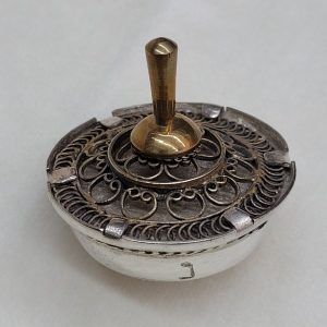 Handmade Chanukah Sevivon Dreidel Brass Silver Filigree combined metals. Diameter diameter 4.6 cm X 4.5 cm approximately.