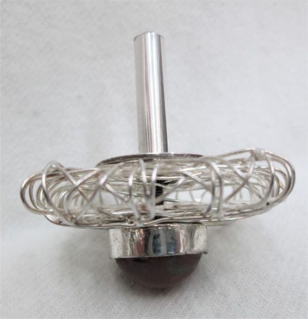 Sterling Silver Wires Chanuka Dreidel handmade square wire bundle set with a Coral stone. Made by S. Ghatan (Katan).