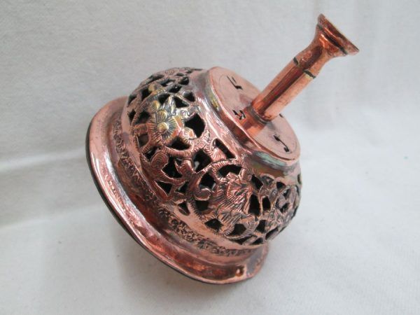 Copper Hanukah Dreidel Grogger a combined handmade and hammered & cut out floral designs. Made by S. Ghatan Katan from Jerusalem.
