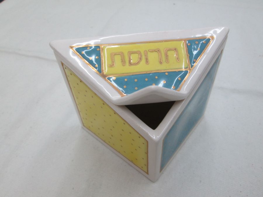 Contemporary style Passover Haroset dish yellow Ceramic triangle shape blue, yellow & white colors. Dimension 9.7 cm X 5.cm X 7.7 cm approximately.