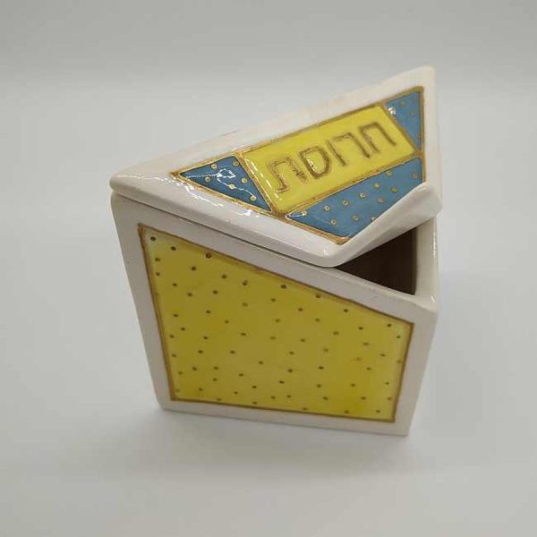 Contemporary style Passover Haroset dish yellow Ceramic triangle shape blue, yellow & white colors. Dimension 9.7 cm X 5.cm X 7.7 cm approximately.
