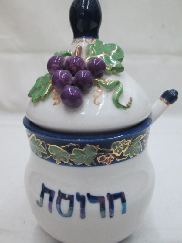 Contemporary glazed ceramic Passover Haroset dish with grapes and joined spoon made by Mali. Diameter 6.5 cm X 14 cm approximately.