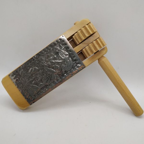 Purim Raashan pine wood & copper silver plated with a handmade hammered copper silver plated bar . Dimension 16 cm X 5.7 cm X 2.4 cm approximately.