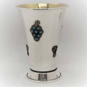 Silver Kiddush Cup Blue Grapes Turquoises handmade. Sterling Silver Kiddush Cup Blue Grapes with Turquoises forming grapes.