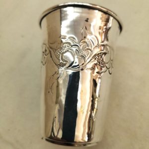 Handmade sterling silver Kiddush chalice floral engravings classic design around cup. Dimension diameter 6.6 cm X 9 cm approximately.