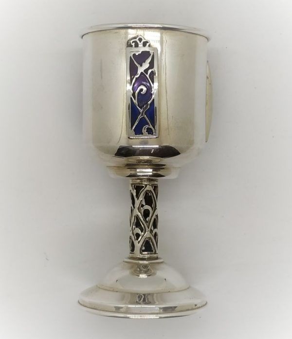 Silver Kiddush Cup Violet and blue enameled. Sterling Silver Kiddush Cup Violet and blue enamel contemporary design with color enameled bars around cup.