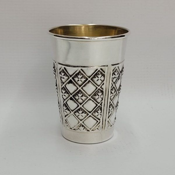 Silver Kiddush Cup Diamonds designs handmade. Sterling Silver Kiddush Cup Diamonds embossed all around cup. 24 carat gold plating inside Kiddush cup.