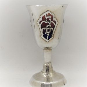 Silver Kiddush Cup Red and blue enameled. Handmade Sterling Silver Kiddush Cup Red and blue enameled  with the wine prayer "בורא פרי הגפן" .