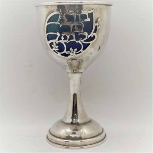 Enameled Silver Kiddush Cup handmade. Sterling Silver Enameled Silver Kiddush Cup contemporary design with blue and light blue colors.