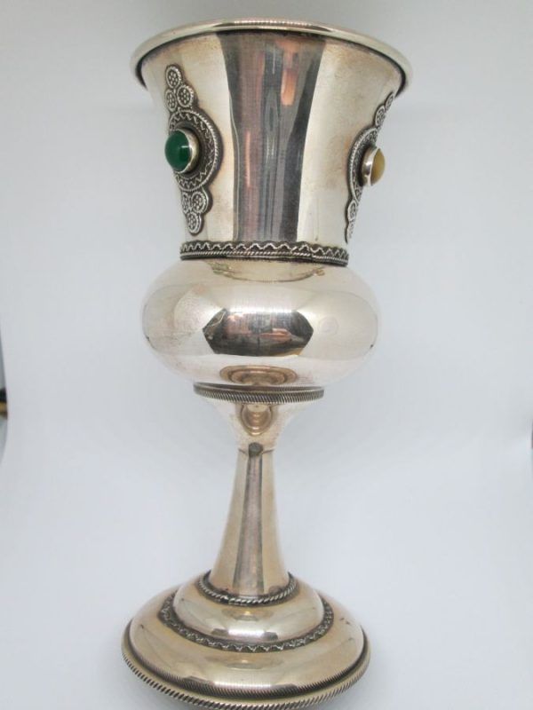 Sterling silver vintage silver Kiddush chalice with filigree designs around and set with red & green agate stones & tiger eye stones.