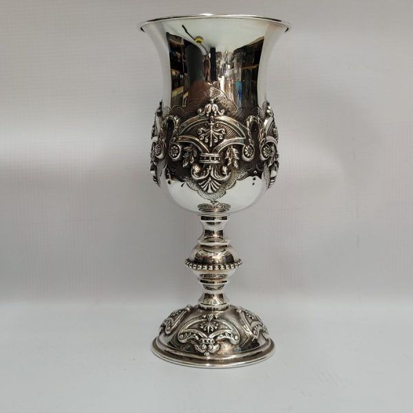 Silver Kiddush Cup Gothic designs handmade. Sterling Silver Kiddush Cup Gothic embossed and hand hammered huge size Kiddush Cup.