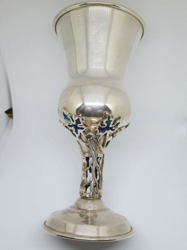 Sterling Silver enameled wine tree chalice Kiddush cup contemporary style with grape leaf blue enameled designs diameter 8.1 cm X 16.4 cm approximately.