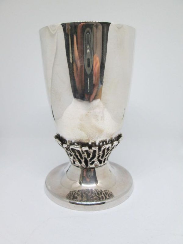Sterling silver Bier contemporary Kiddush cup, a contemporary style cast silver adorning the cup made by Bier from Jerusalem.