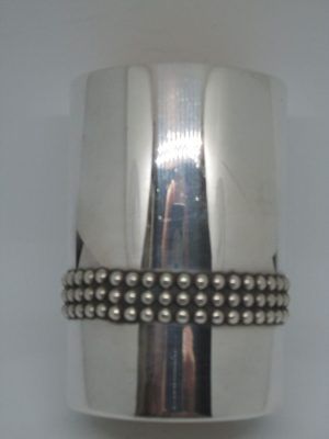 Silver Kiddush cup pearls beads contemporary style with three rows of silver pearls around cup made by Bier from Jerusalem.