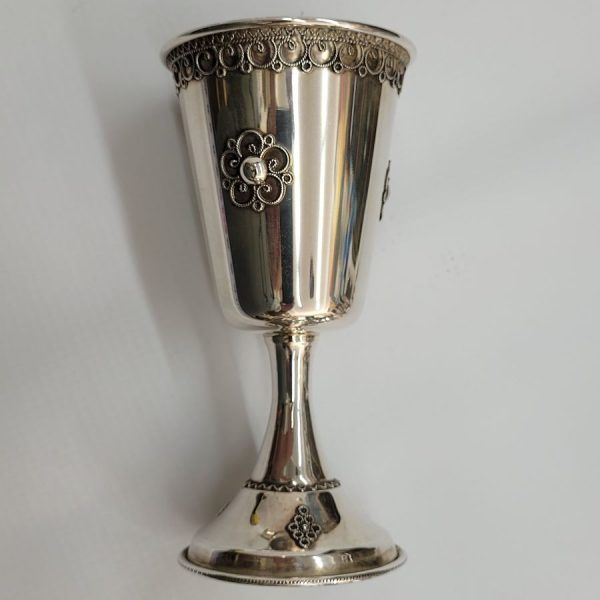 Silver Kiddush Cup Flower Yemenite filigree design. Sterling Silver Kiddush Cup Flower handmade Yemenite filigree designs around .