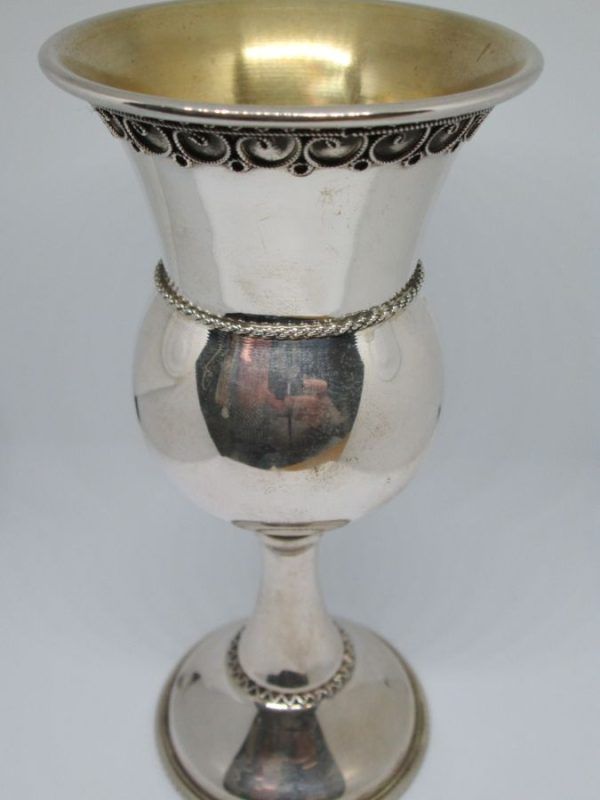 Sterling Silver fine Yemenite filigree chalice cup with Yemenite filigree designs around. Dimension diameter 7 cm X 14.8 cm approximately.