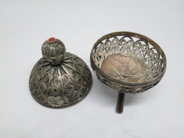 Havdalah spice box Yemenite filigree sterling silver gold plated Yemenite filigree oxidized set with Garnet stone diameter 4.5 cm X 7.2 cm.