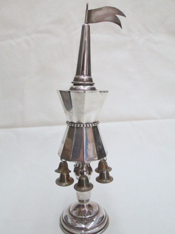 Havdalah spice box bells sterling silver tower smooth design with silver beads bells hanging around diameter 5.7 cm X 22.5 cm approximately.