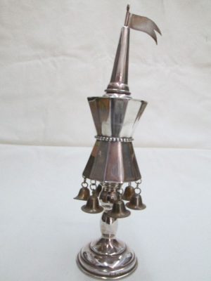 Havdalah spice box bells sterling silver tower smooth design with silver beads bells hanging around diameter 5.7 cm X 22.5 cm approximately.