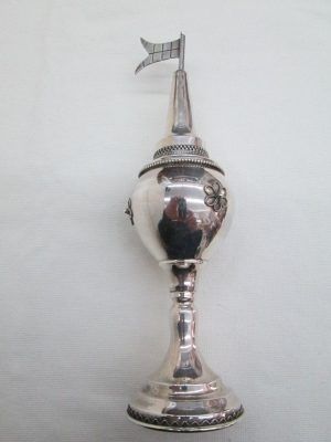 Havdalah Box Ball Tower Sterling Silver tower with silver beads Yemenite filigree designs around diameter 5.3 cm X 20 cm approximately.