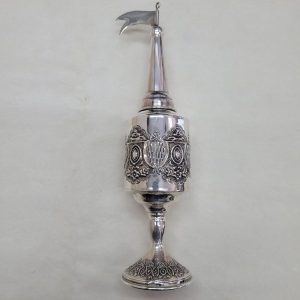 Havdalah Spice Box Pressed Sterling Silver tower with silver pressed design around. Dimension diameter 5.3 cm X 21.8 cm approximately.