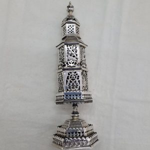 Havdalah sterling silver tower spice box heavy tower with silver cut out flowers & doves designs around 7 cm X 7.9 cm X 24 cm approximately.