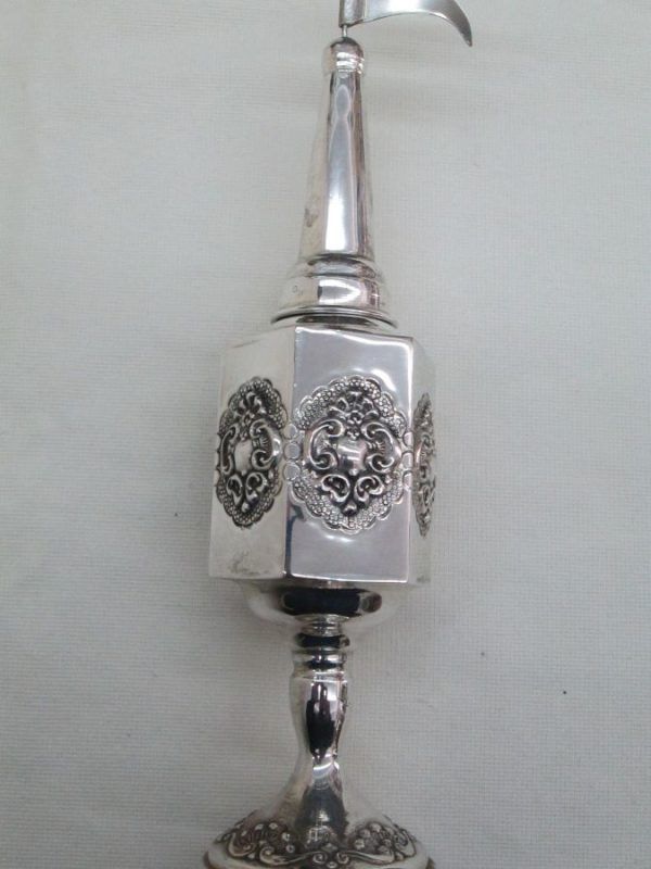 Handmade hexagon Havdalah spice box sterling silver tower with silver pressed designs around box 4.7 cm X 5.3 cm X 21.8 cm approximately.