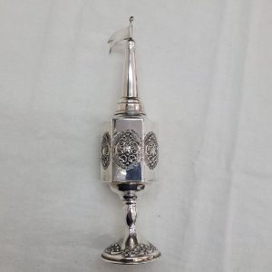 Handmade hexagon Havdalah spice box sterling silver tower with silver pressed designs around box 4.7 cm X 5.3 cm X 21.8 cm approximately.