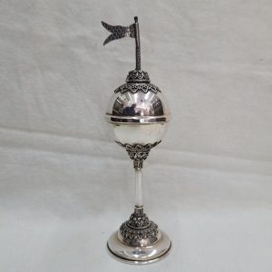 Handmade sterling silver round Havdalah spice box with silver Yemenite filigree designs over round box diameter 5.8 cm X 17.4 cm.