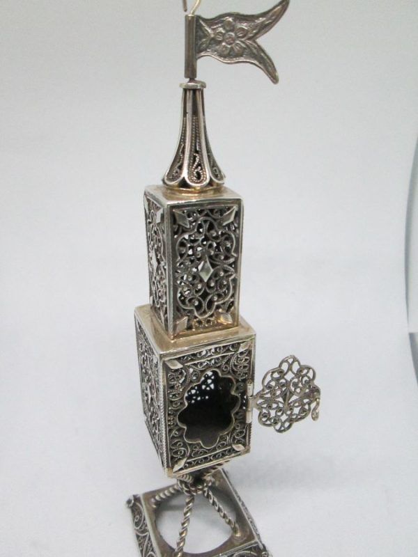 Handmade sterling silver Yemenite filigree Havdalah box Filigree tower  two floors high. Dimension diameter 5.3 cm X 21.8 cm approximately.
