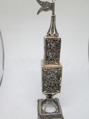 Handmade sterling silver Yemenite filigree Havdalah box Filigree tower  two floors high. Dimension diameter 5.3 cm X 21.8 cm approximately.