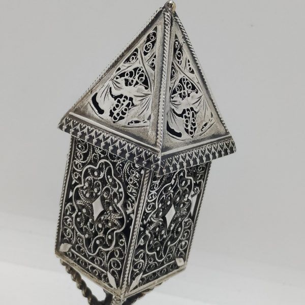  Havdala spice box filigree tower sterling silver. The tower has been oxidized so the  Yemenite filigree designs can have a reflect. 