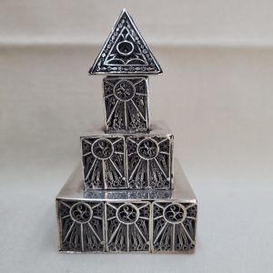 Handmade Havdalah spice box pagoda tower with fine Yemenite fine filigree designs  handmade by S Ghatan 5 cm X 5 cm X 9 cm approximately.