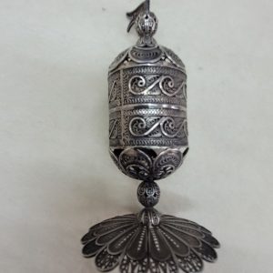 Handmade spice Havdalah box round fine filigree sterling silver tower with very fine silver Yemenite filigree designs around.