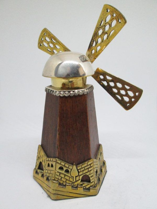 Handmade Havdalah box windmill brass, silver and wood with Jerusalem panorama design around base 5 cm X 5.7 cm X 9 cm approximately.