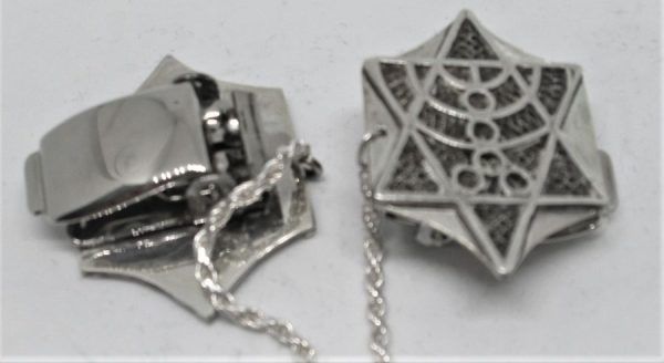 Handmade sterling silver Tallit clips Yemenite filigree  Magen David star and Menorah design made by S. Ghatan(Katan) 2.3 cm X 3.4 cm approximately.