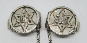 Handmade sterling silver Tallit Holders round MagenDavid with 10 commandments tablets in center made by S. Ghatan(Katan). Dimension diameter 2.3 cm approximately.