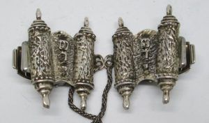 Handmade sterling silver Tallit clips Torah scrolls on each side bearing the name of G-D "Shadai". Made by S. Ghatan Katan.