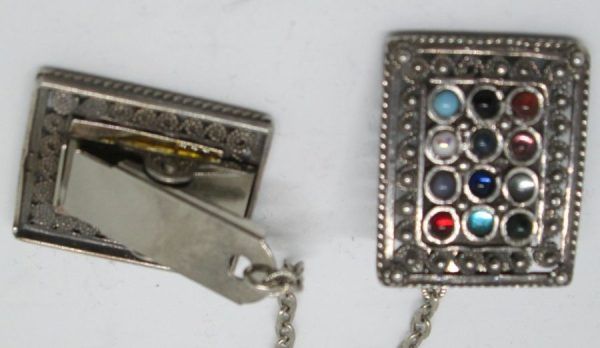 Sterling silver handmade Tallit holders breast shield with 2 high priest (Cohen gadol) breast shield set with colored crystal stones 2.9 cm X 2.3 cm.