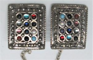 Sterling silver handmade Tallit holders breast shield with 2 high priest (Cohen gadol) breast shield set with colored crystal stones 2.9 cm X 2.3 cm.