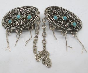 Handmade sterling silver Tallit clip Yemenite filigree oval shape set with turquoises.  Dimension 3.5 cm X 2 cm approximately.