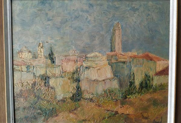 Fine art oil on canvas Abstract Jerusalem Panorama painting on broad by A. Amid Z"L painted in1968.  It has a wooden frame.