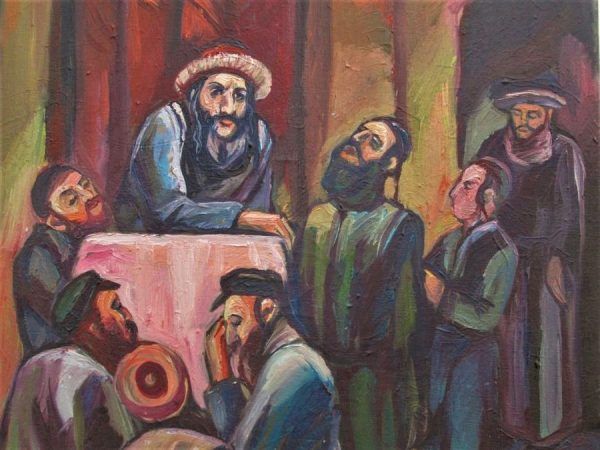 Oil Painting Rabbi Preaching hand painting by Zaslavski. Rabbi giving a shiuor to a bunch of followers listening.