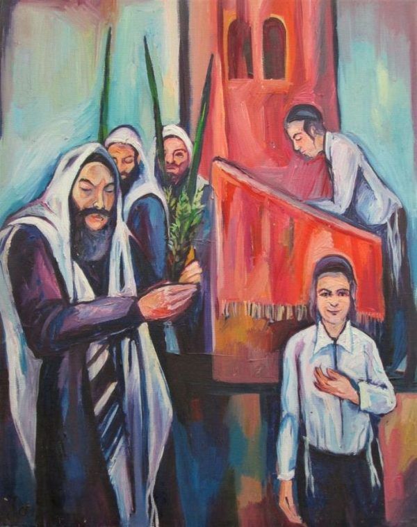An orthodox rabbi & followers praying in Succoth with the Lulav & Etrog designed in Oil Painting Succoth Service. Dimension 41 cm X 50 cm.