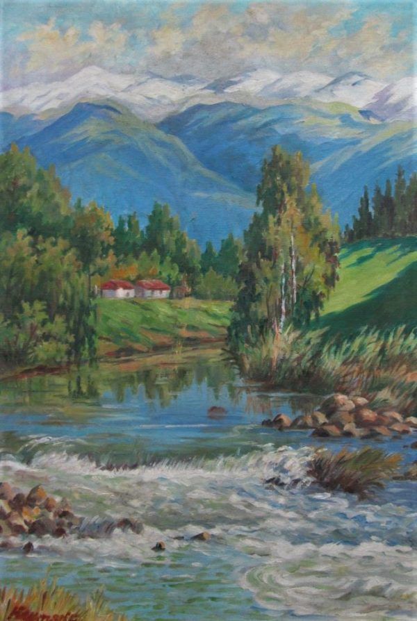A view of the Dan river in the north of Israel & the Hermon mountain in background, as seen in Oil Painting Mt Hermon. Dimension 55 cm X 37 cm.