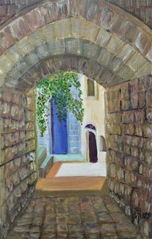 Fine Art Jewish Quarter Alley Painting oil on canvas by R. Katan. Jewish Quarter Alley Painting is in Jerusalem old city Jewish quarter.