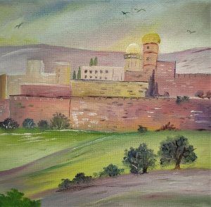 M. Yankelevitz has painted Jerusalem Citadel Oil Painting viewed from the valley of Hinnom. Dimension 20 cm X 20 cm approximately.