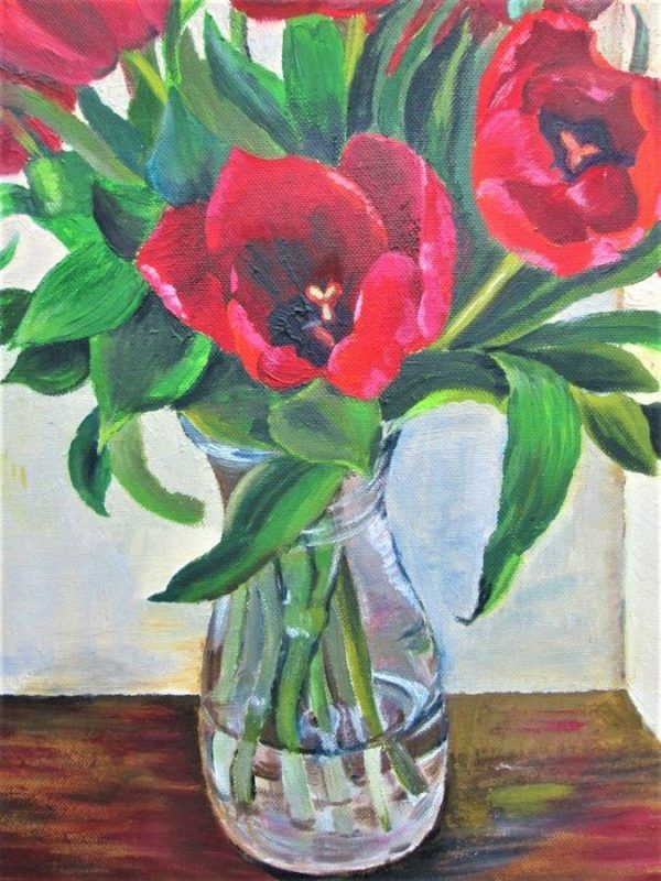 Fine Art Oil Painting Red Windflowers hand painted by Galina. Red windflowers in glass vase. Dimension 40 cm X 50 cm approximately.