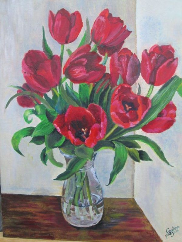 Fine Art Oil Painting Red Windflowers hand painted by Galina. Red windflowers in glass vase. Dimension 40 cm X 50 cm approximately.